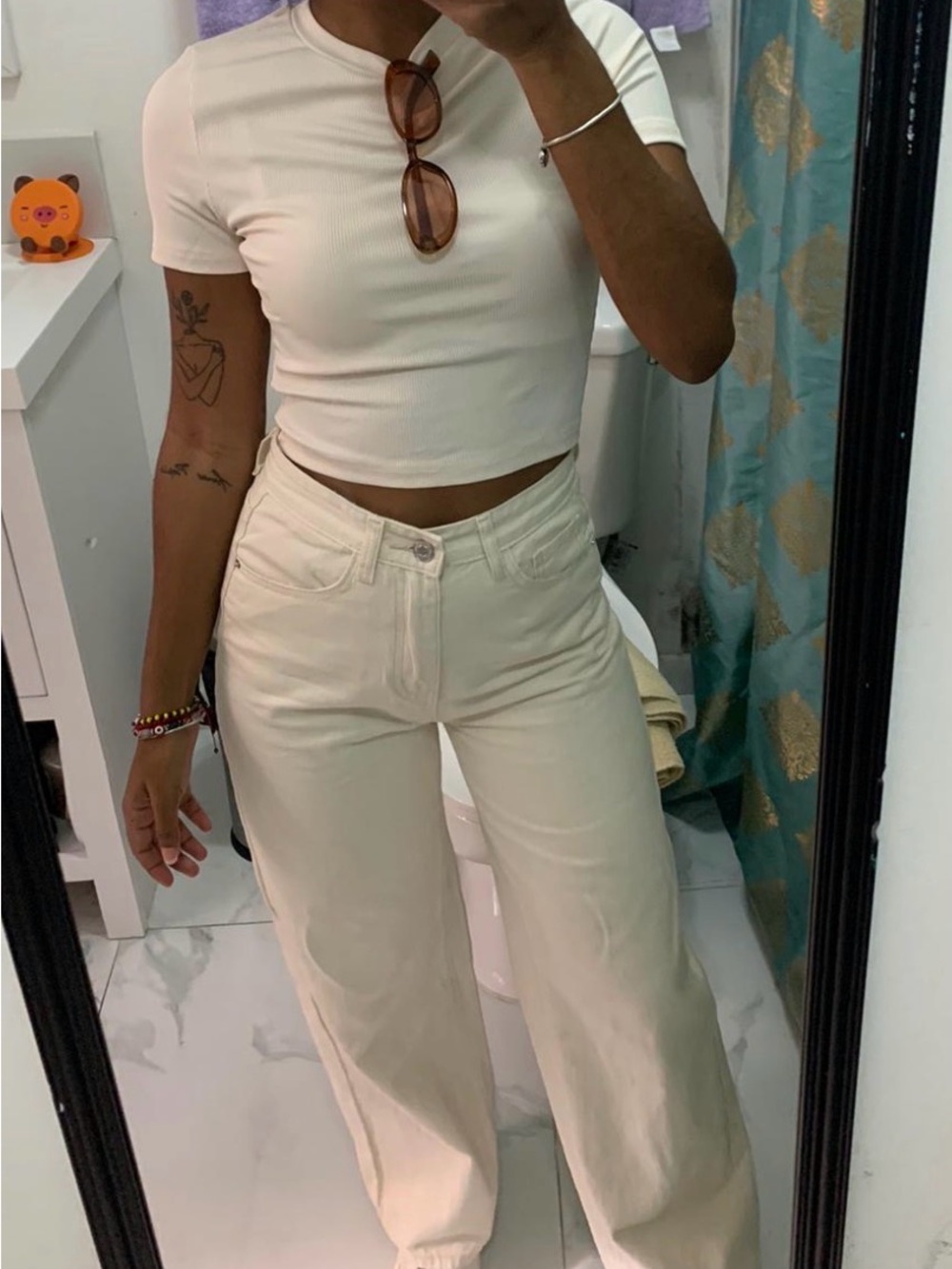 SHEIN Cream High-Rise Wide Leg Pants